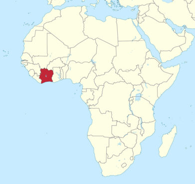 Ivory Coast, red, in western Africa. (Image courtesy Wikipedia/Creative Commons)