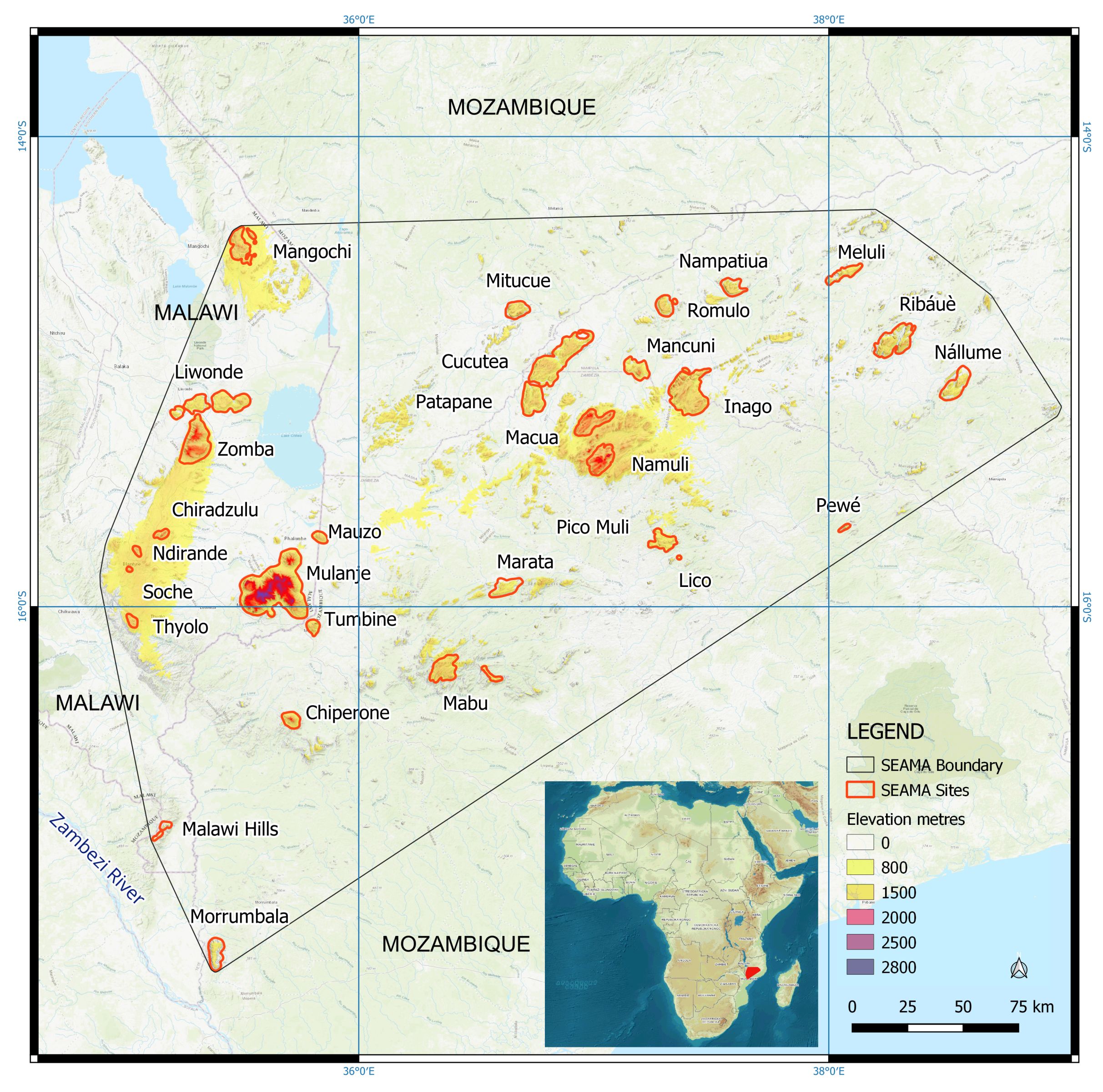 Map of proposed South East Africa Mountain Archipelago.