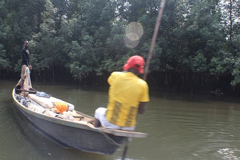 A man in a dark shirt standing in the prow of a canoe looking out of the frame at the camera, past an oarsman in a yellow shirt and red cap facing away from us, poling a dugout in brown coastal waters near Manoka, Cameroon. Image courtesy Valentin Mahop.