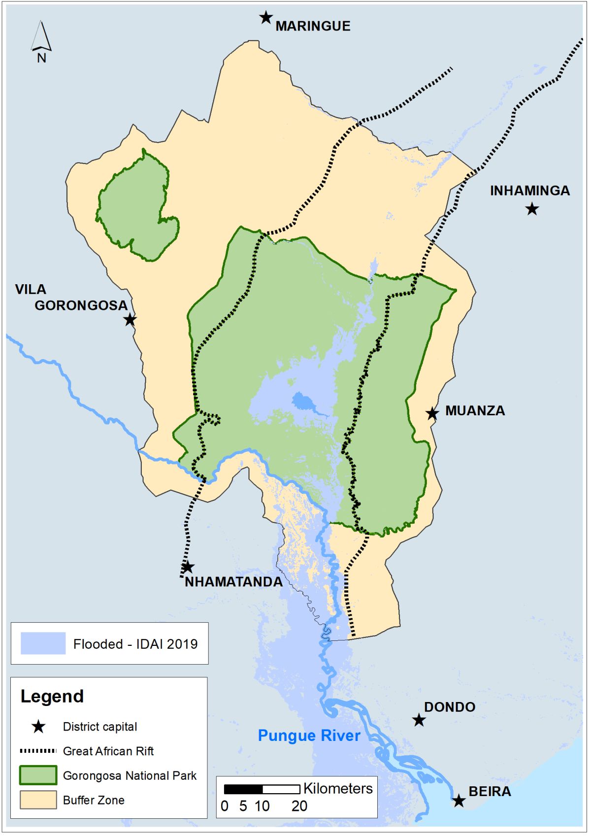 Map showing extent of flooding courtesy of Gorongosa National Park.