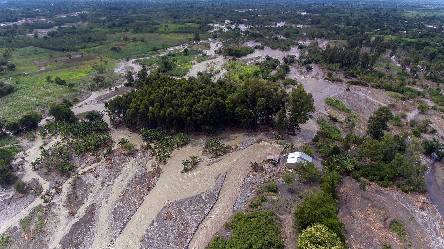 Aerial view showing the destruction to property in a village when river Nyamwamba burst its banks.