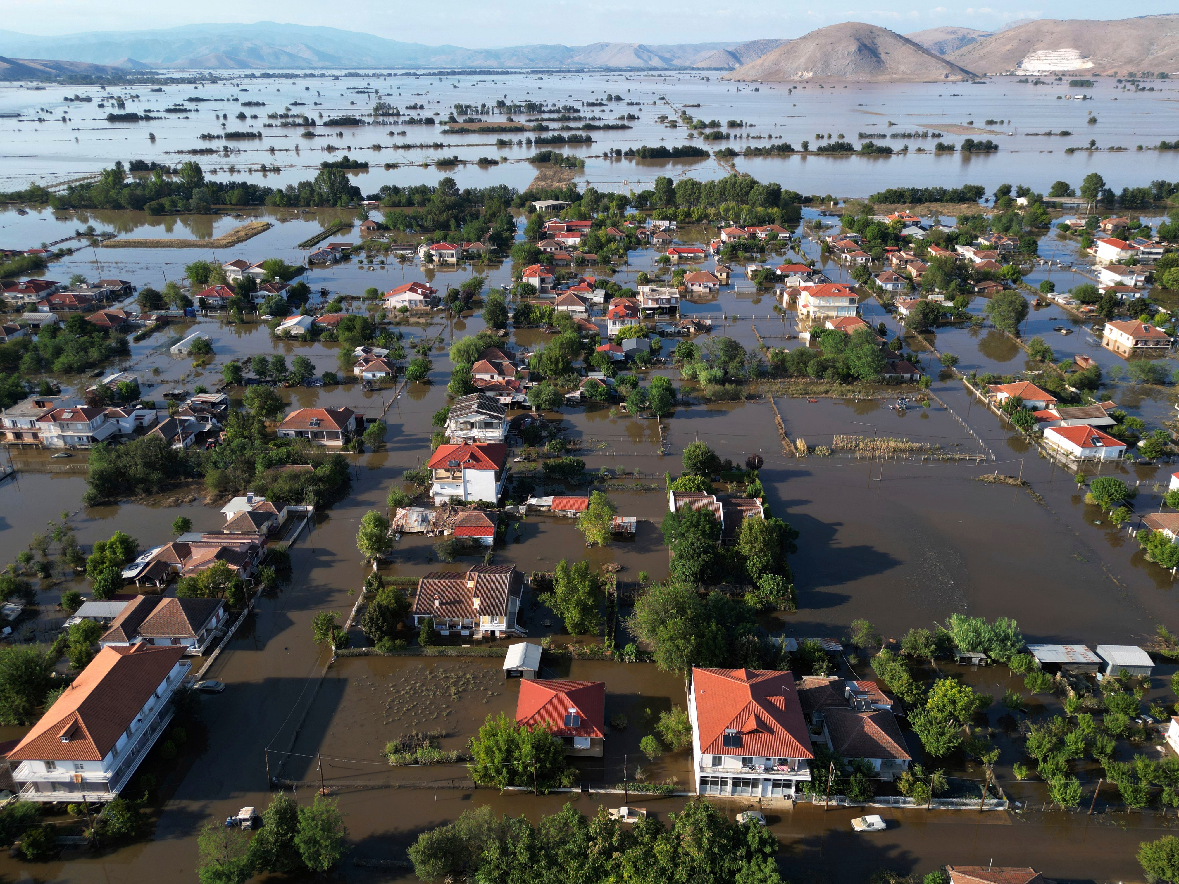 Floodwaters and mud cover the town of Palamas, after the country’s rainstorm record, in Karditsa, Thessaly region, central Greece, 8 September 2023