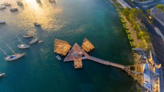 Birdseye view of floating platform with surrounding boats