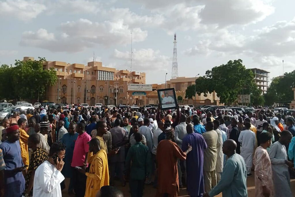 Residents of Niger’s capital, Niamey, gather to protest the coup that ousted President Mohammed Bazoum today in a photo his office posted to Facebook. (Niger Presidential Office/Facebook)