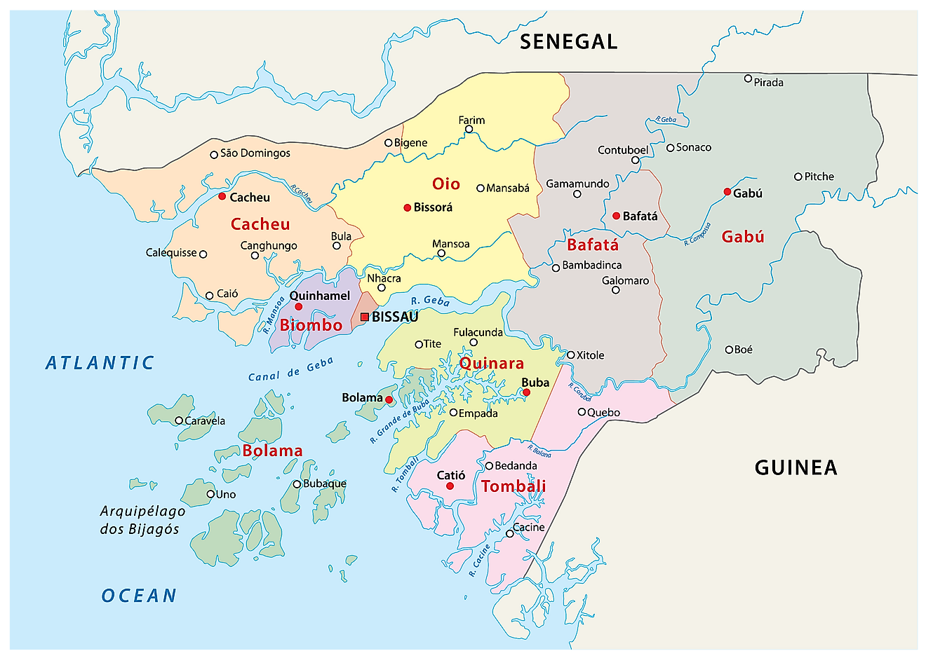 Political Map of Guinea-Bissau displaying its eight regions and their capitals and the autonomous sector of Bissau, the national capital.