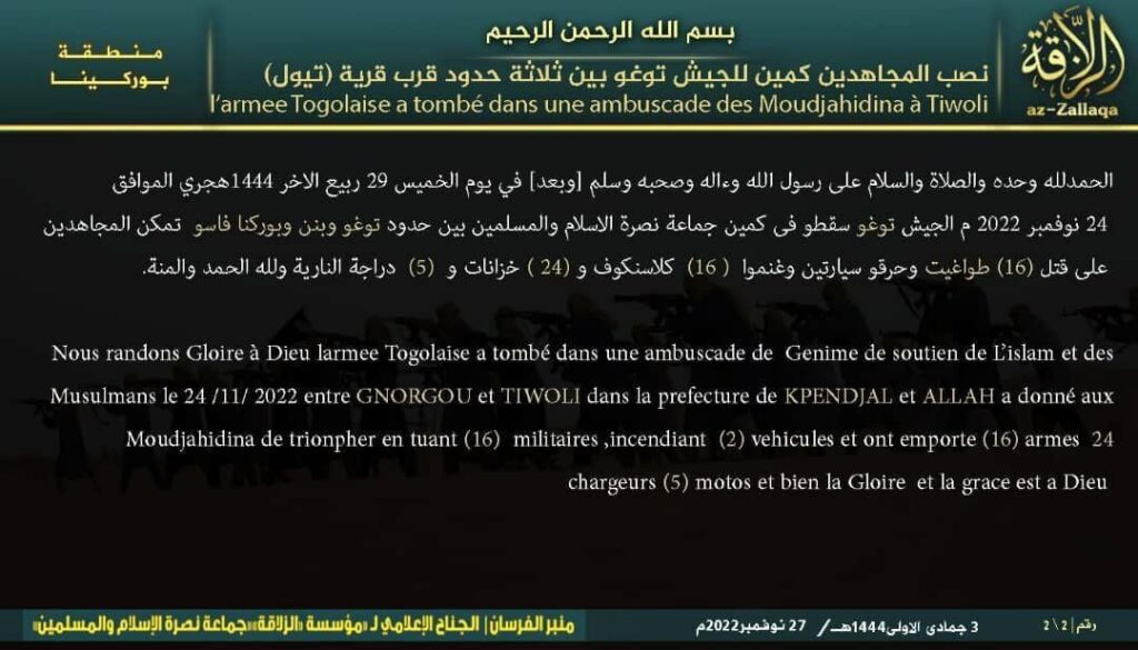 JNIM claims deadly assault in northeastern Togo