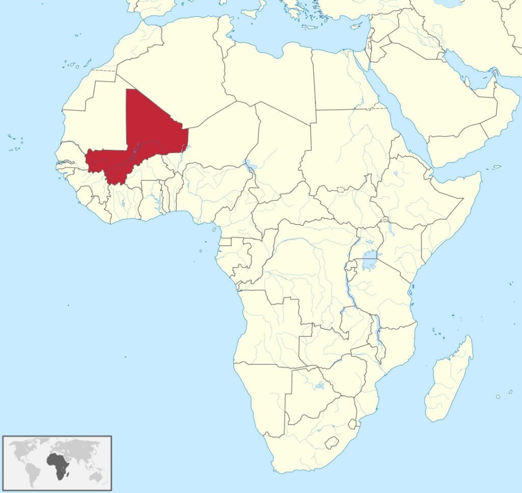 A map of Africa. Mali, in the center of the continent's western mass, is highlighted in red.