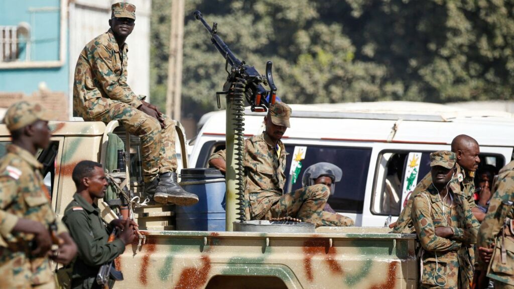 Sudanese security forces patrol in a commercial district in Gedaref city in eastern Sudan on April 3, 2024