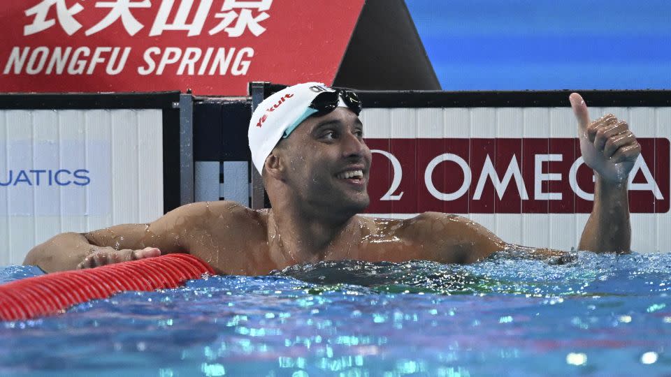 Chad Le Clos after competing in a semi-final of the men's 100m butterfly, at the 2024 World Aquatics Championships in Doha, February 16, 2024. - Sebastien Bozon/AFP via Getty Images