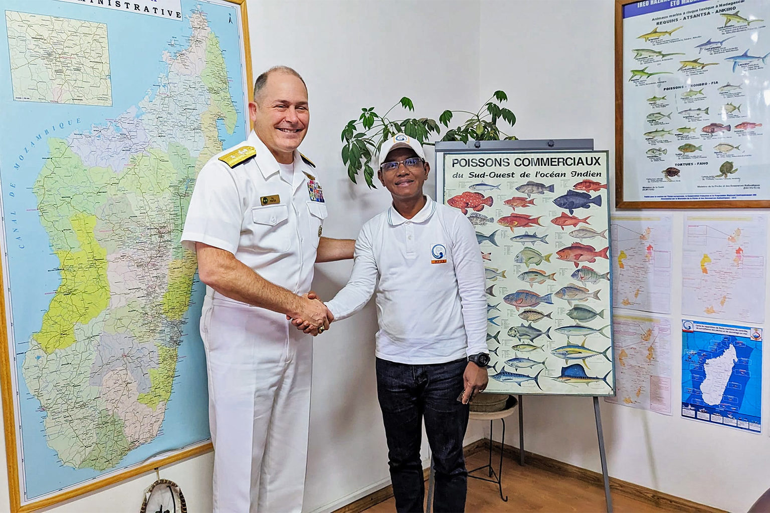 During a visit to Antananarivo in January, Calvin Foster (left), commander of the U.S. naval fleet that covers Africa, discussed with Tsimanaoraty Paubert Mahatante, Madagascar’s minister of fisheries and blue economy and a fisheries scientist.