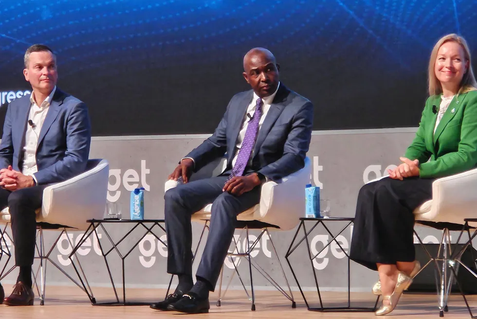 Nigeria LNG chief executive Philip Mshelbila speaks during a panel discussion at the Global Energy Transition (GET) 2024 Congress in Milan, Italy.