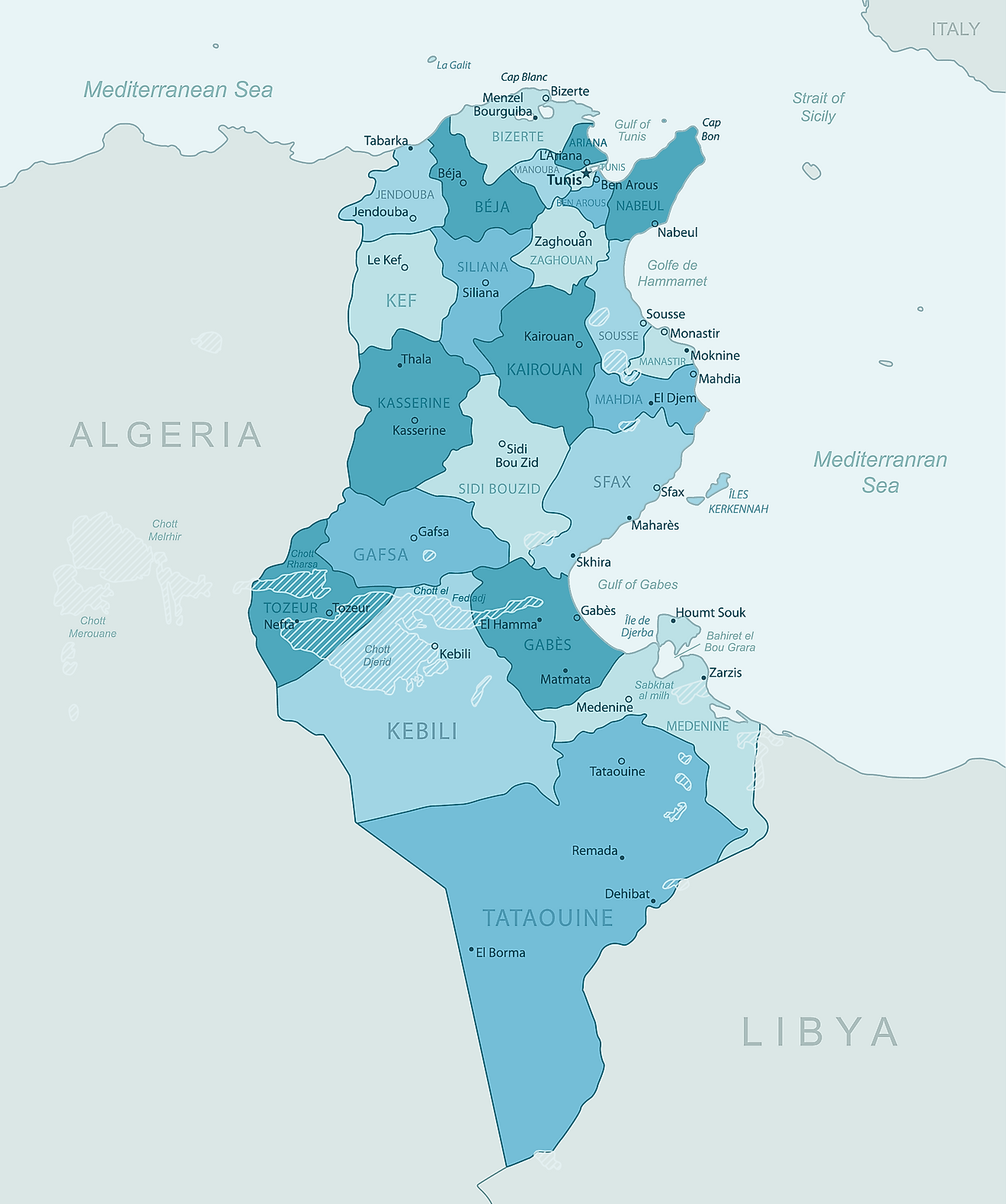 Political Map of Tunisia showing the 24 governorates of the country, their capital cities, and the national capital of Tunis.