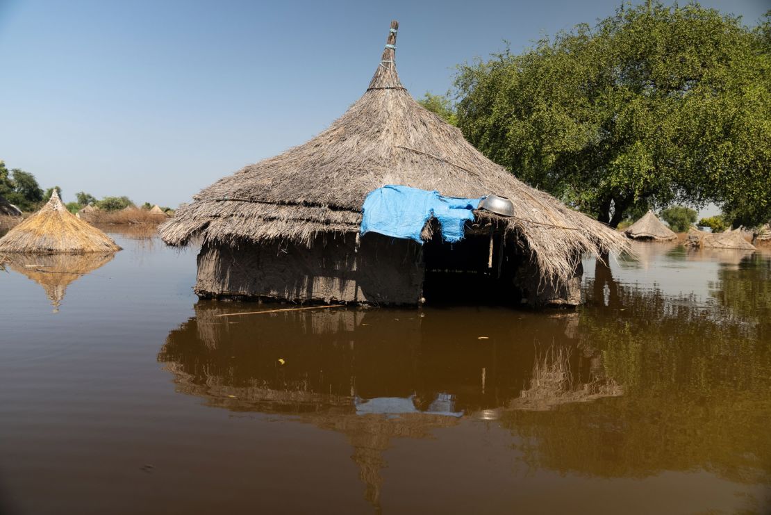 A hut with a straw roof pokes out from the floodwaters in the town of Ding Ding. 