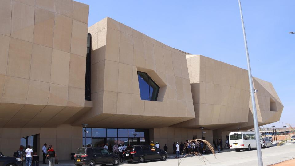 The train station in Dodoma made from beige coloured slabs in cubic sections