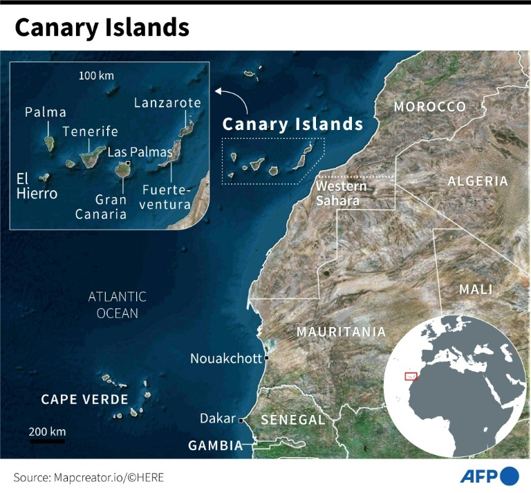 Satellite map of the Canary Islands, Cape Verde and the African coast.