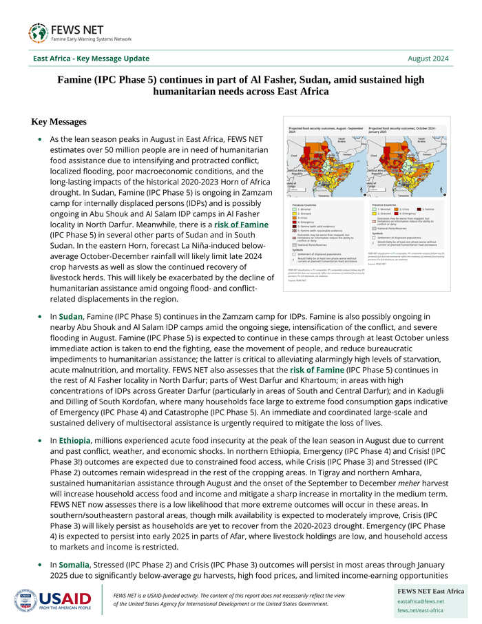 East Africa Key Message Update: Famine (IPC Phase 5) continues in part of Al Fasher, Sudan, amid sustained high humanitarian needs across East Africa (August 2024) - Sudan